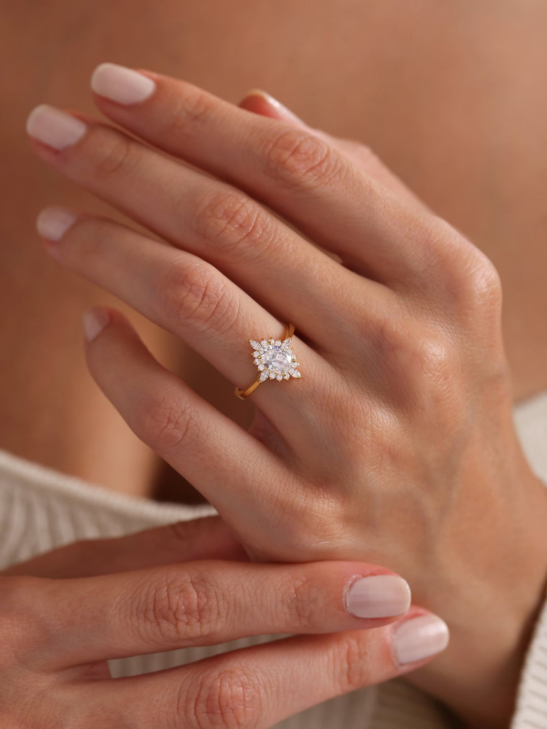 1.0ct-2.0ct Oval Cut Lab Grown Diamond Floral Halo Engagement Ring