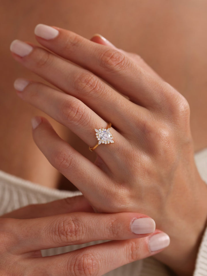 1.0ct-2.0ct Oval Cut Lab Grown Diamond Floral Halo Engagement Ring