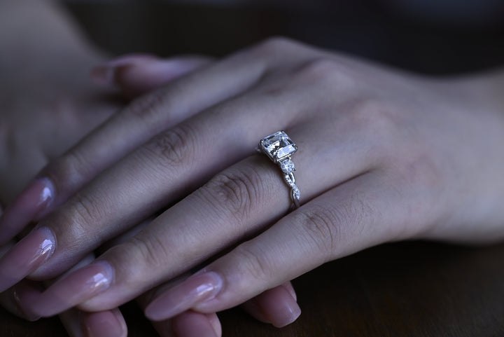 1.0ct-2.0ct Asscher Cut Lab Grown Diamond Three Stone Engagement Ring
