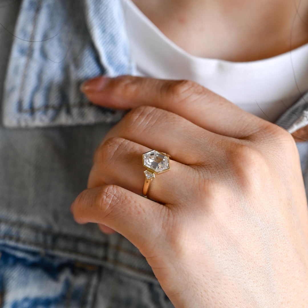 2.50CT Bezel Set Hexagon Lab Grown Three-stone Engagement Ring