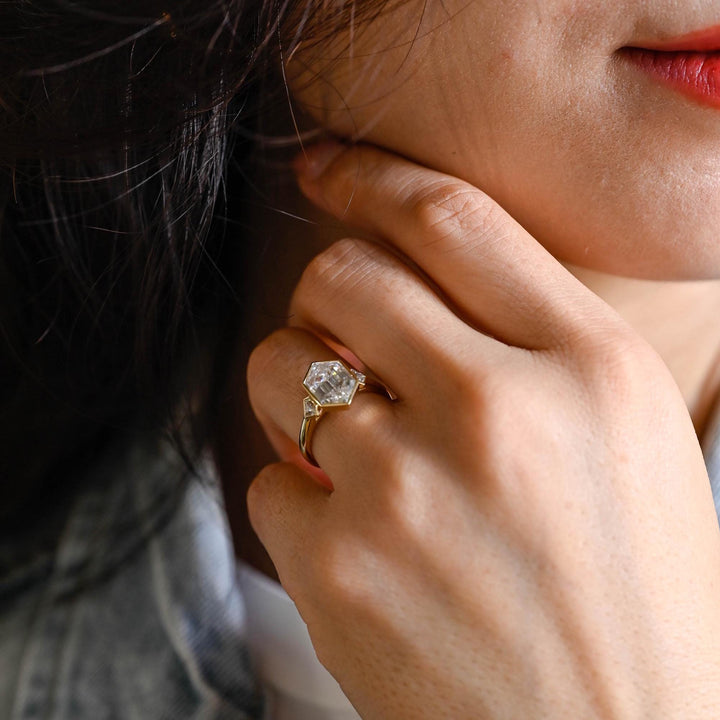 2.50CT Bezel Set Hexagon Lab Grown Three-stone Engagement Ring