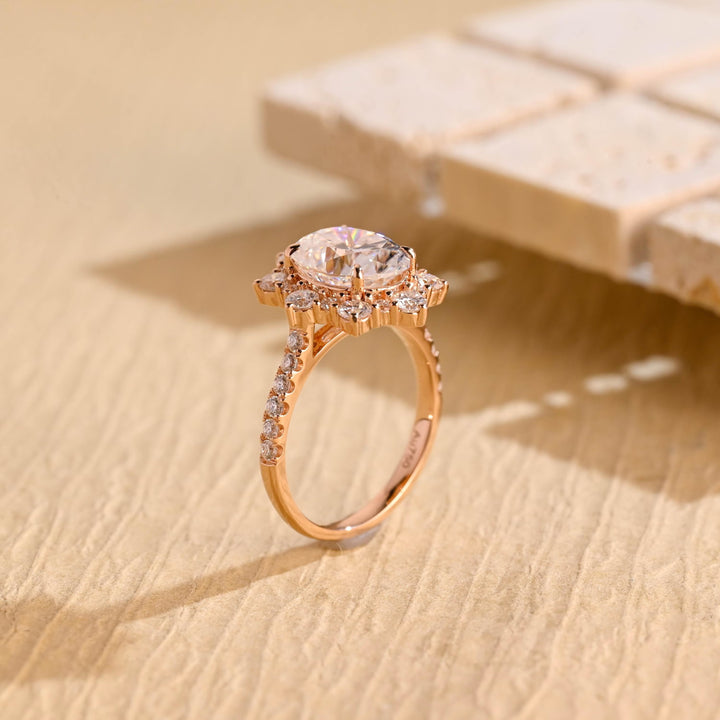 1.0ct-2.0ct Oval Cut Lab Grown Diamond Floral Halo Engagement Ring
