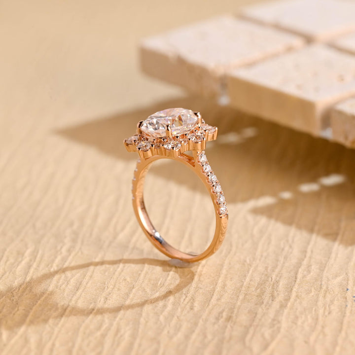 1.0ct-2.0ct Oval Cut Lab Grown Diamond Floral Halo Engagement Ring