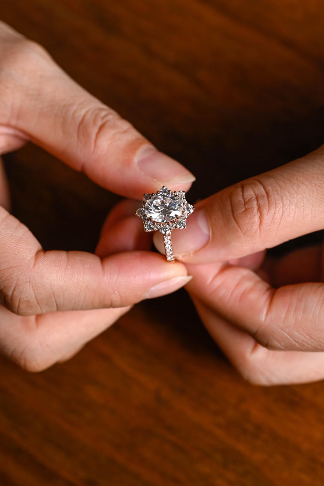 1.0ct-2.0ct Oval Cut Lab Grown Diamond Floral Halo Engagement Ring