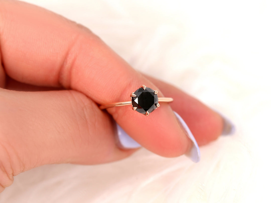 2.0CT Black Round Cut Lab Grown Six Prongs Diamond Solitaire Engagement Ring