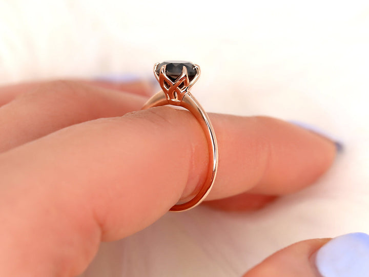 2.0CT Black Round Cut Lab Grown Six Prongs Diamond Solitaire Engagement Ring