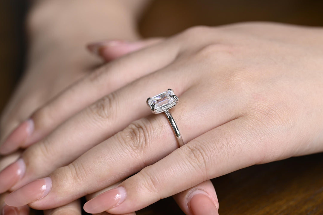 2.0ct-4.0ct Emerald Cut Lab Grown Diamond Hidden Halo Engagement Ring