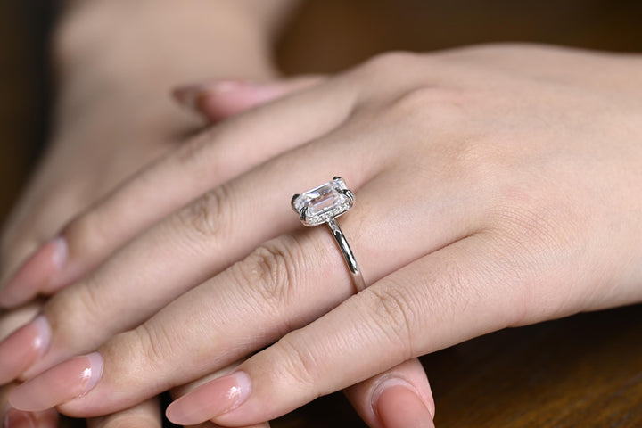 2.0ct-4.0ct Emerald Cut Lab Grown Diamond Hidden Halo Engagement Ring
