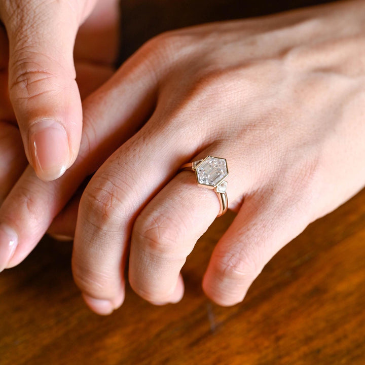 2.50CT Bezel Set Hexagon Lab Grown Three-stone Engagement Ring