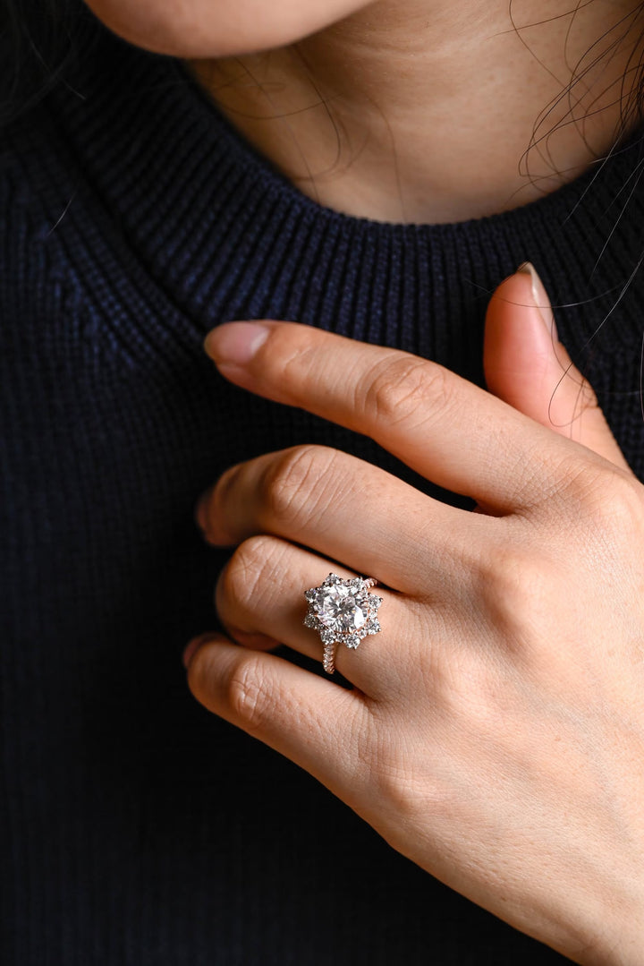1.0ct-2.0ct Oval Cut Lab Grown Diamond Floral Halo Engagement Ring