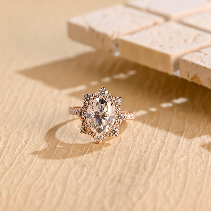 1.0ct-2.0ct Oval Cut Lab Grown Diamond Floral Halo Engagement Ring