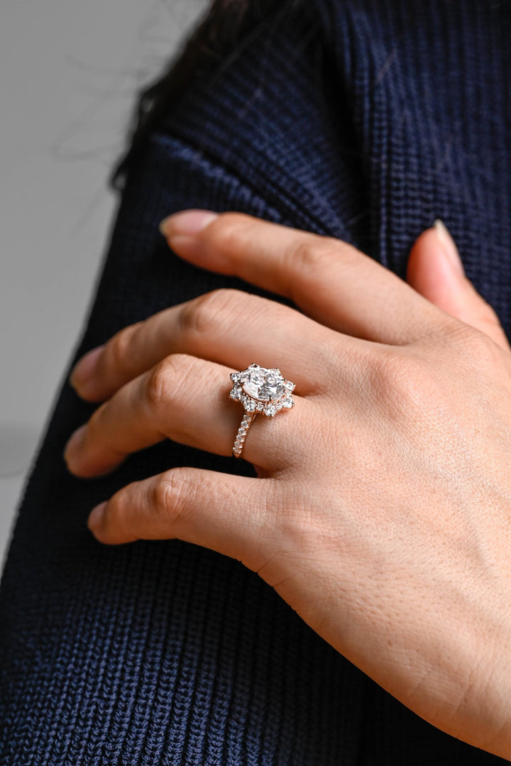 1.0ct-2.0ct Oval Cut Lab Grown Diamond Floral Halo Engagement Ring
