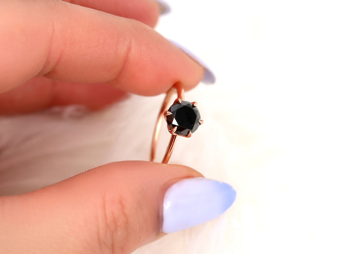 2.0CT Black Round Cut Lab Grown Six Prongs Diamond Solitaire Engagement Ring