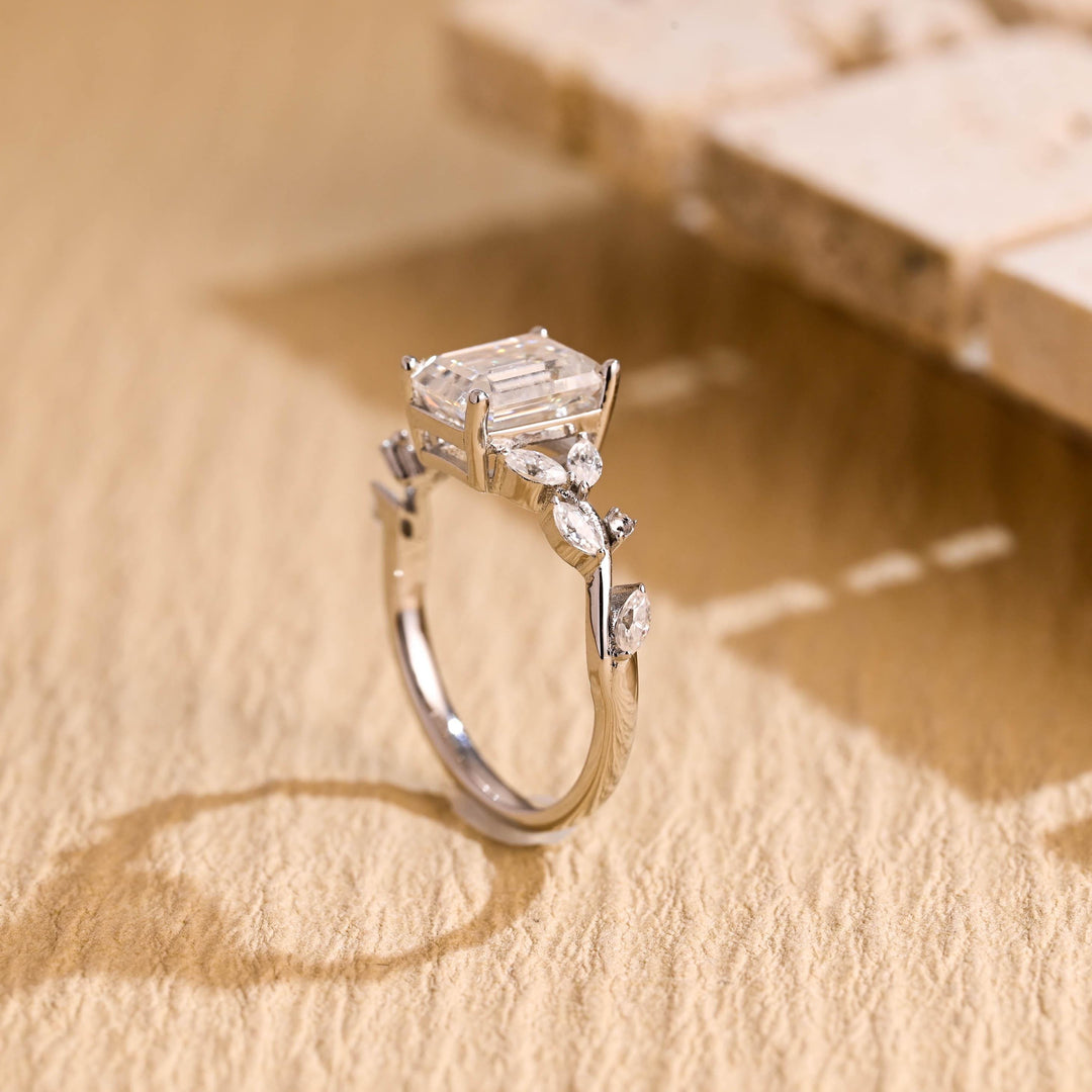 1.50ct-2.50ct Emerald Cut Lab Grown Diamond Leaf Style Engagement Ring
