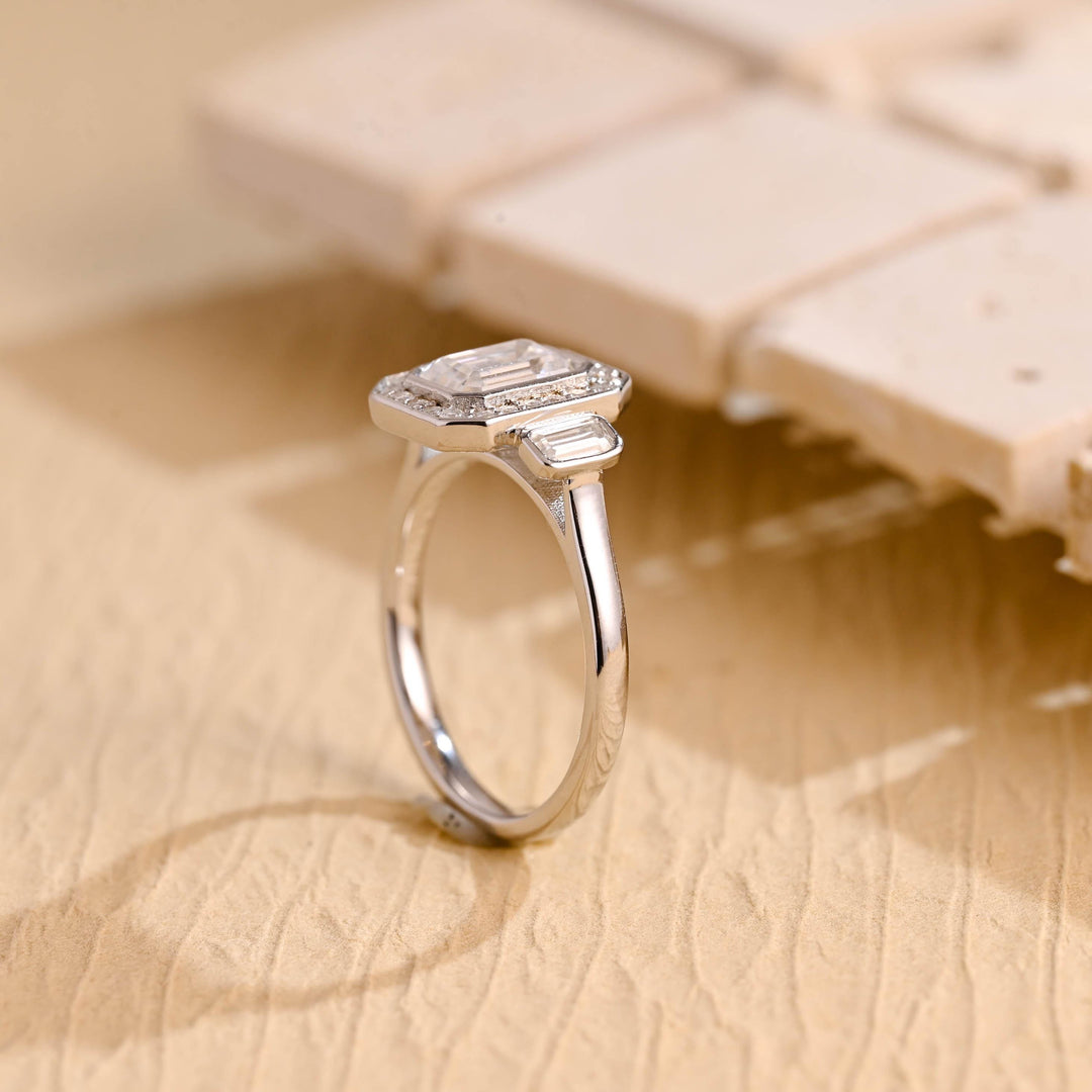 1.0ct-2.0ct Emerald Cut Lab Grown Diamond Unique Halo Engagement Ring