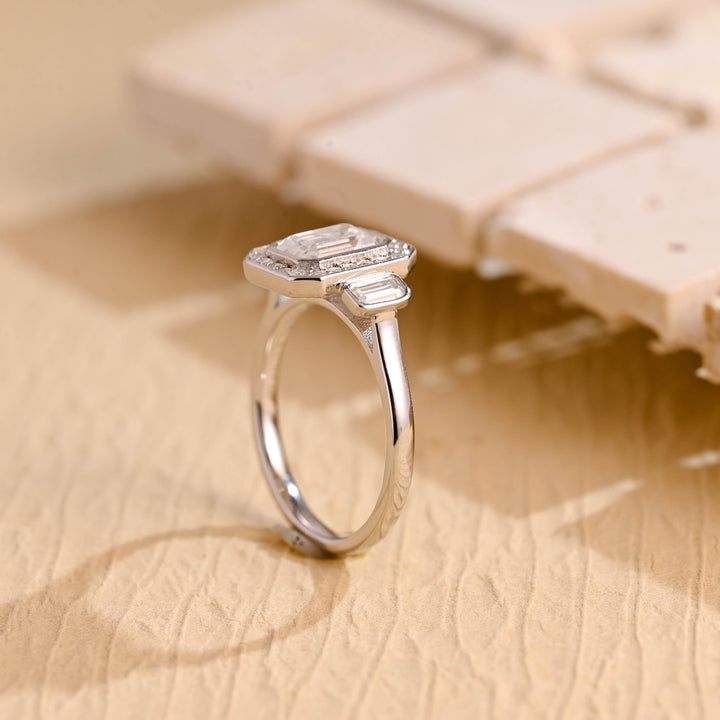 1.0ct-2.0ct Emerald Cut Lab Grown Diamond Unique Halo Engagement Ring