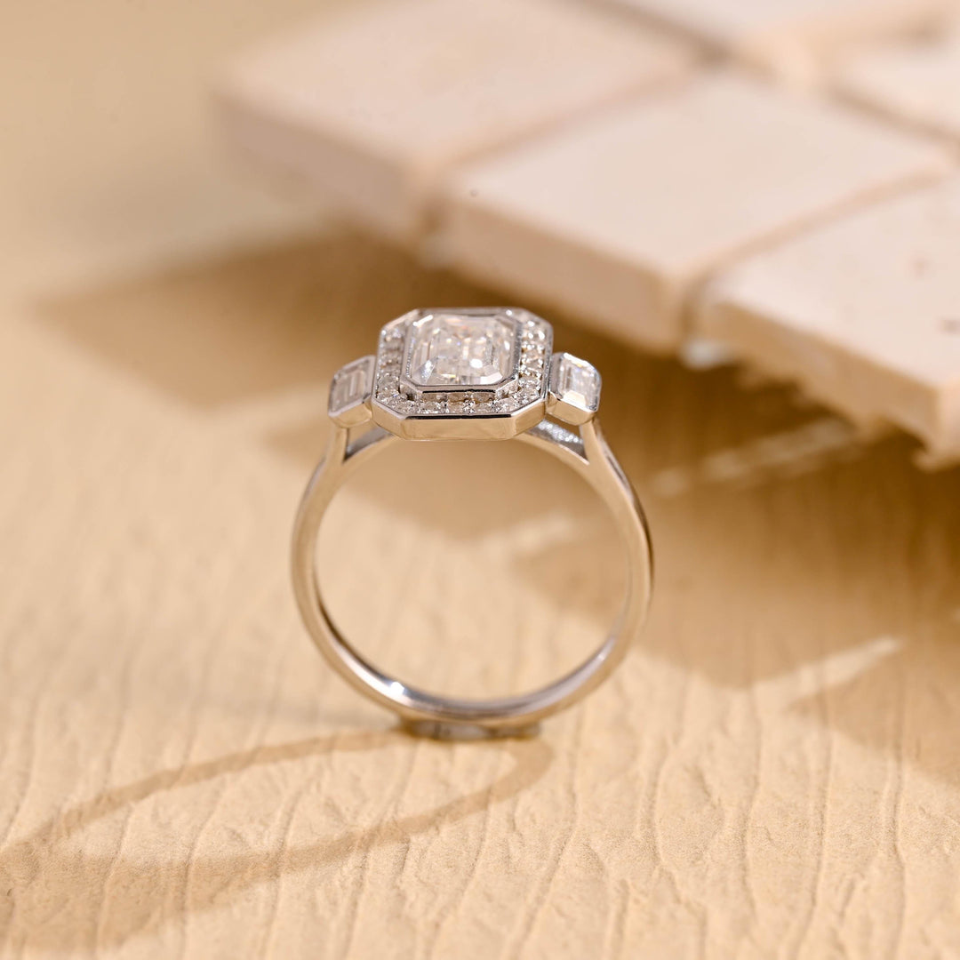 1.0ct-2.0ct Emerald Cut Lab Grown Diamond Unique Halo Engagement Ring