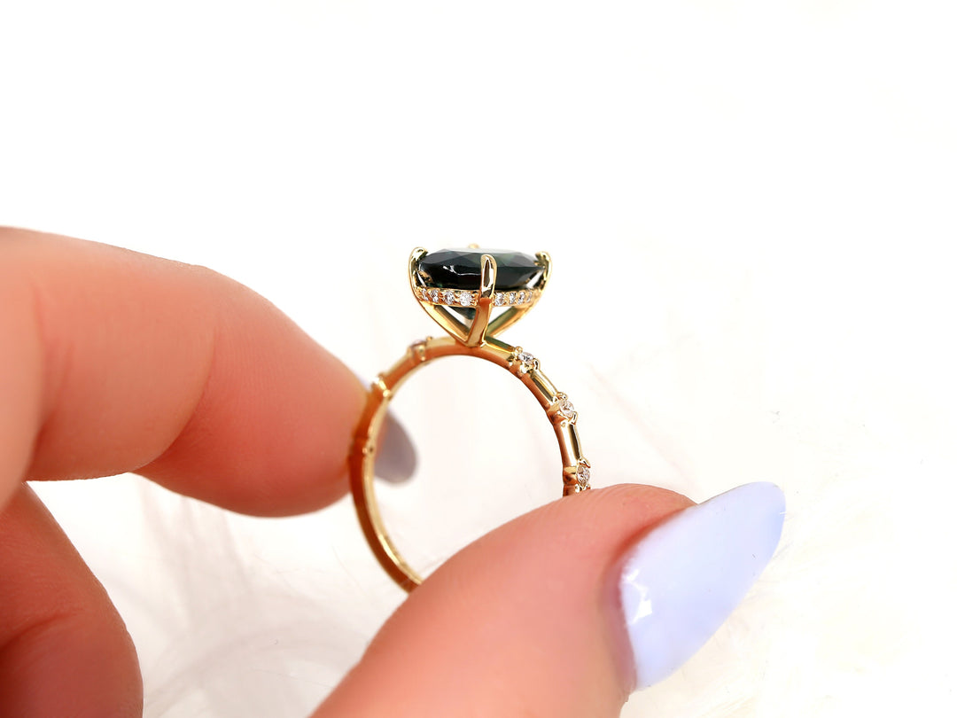 3.0CT Rich Teal Blue Sapphire Oval Cut Lab Grown Diamond Hidden Halo Engagement Ring