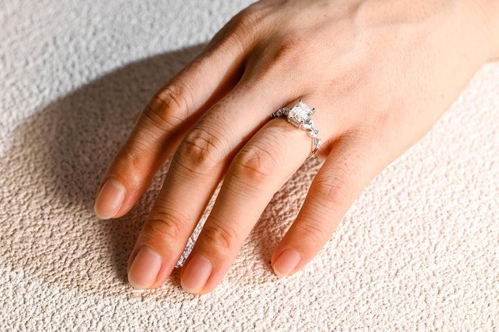 1.50ct-2.50ct Emerald Cut Lab Grown Diamond Leaf Style Engagement Ring