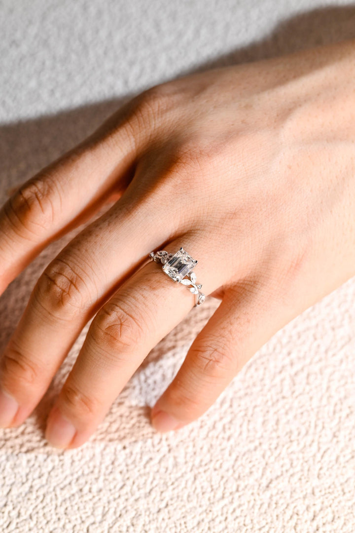1.50ct-2.50ct Emerald Cut Lab Grown Diamond Leaf Style Engagement Ring