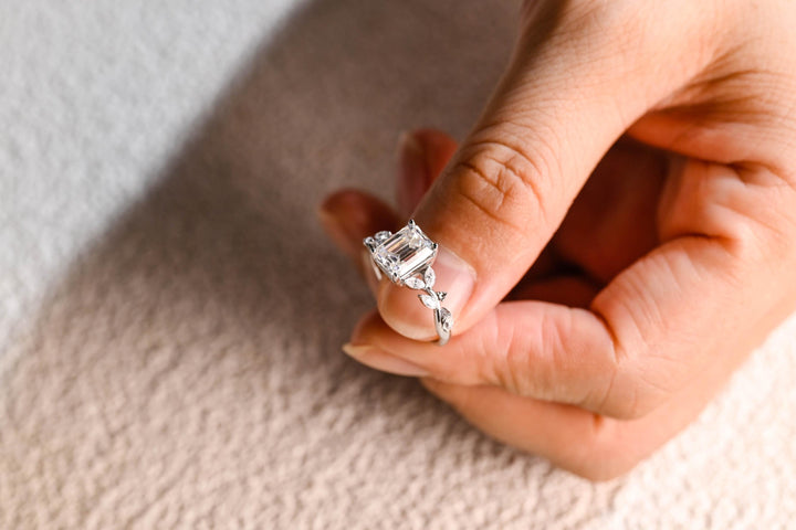 1.50ct-2.50ct Emerald Cut Lab Grown Diamond Leaf Style Engagement Ring