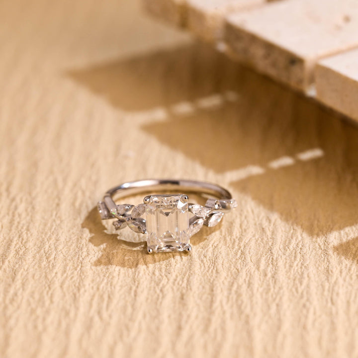 1.50ct-2.50ct Emerald Cut Lab Grown Diamond Leaf Style Engagement Ring