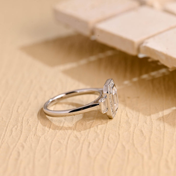 1.0ct-2.0ct Emerald Cut Lab Grown Diamond Unique Halo Engagement Ring