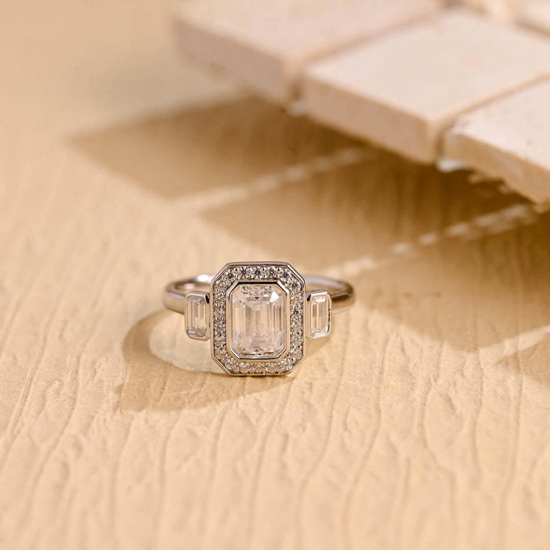 1.0ct-2.0ct Emerald Cut Lab Grown Diamond Unique Halo Engagement Ring