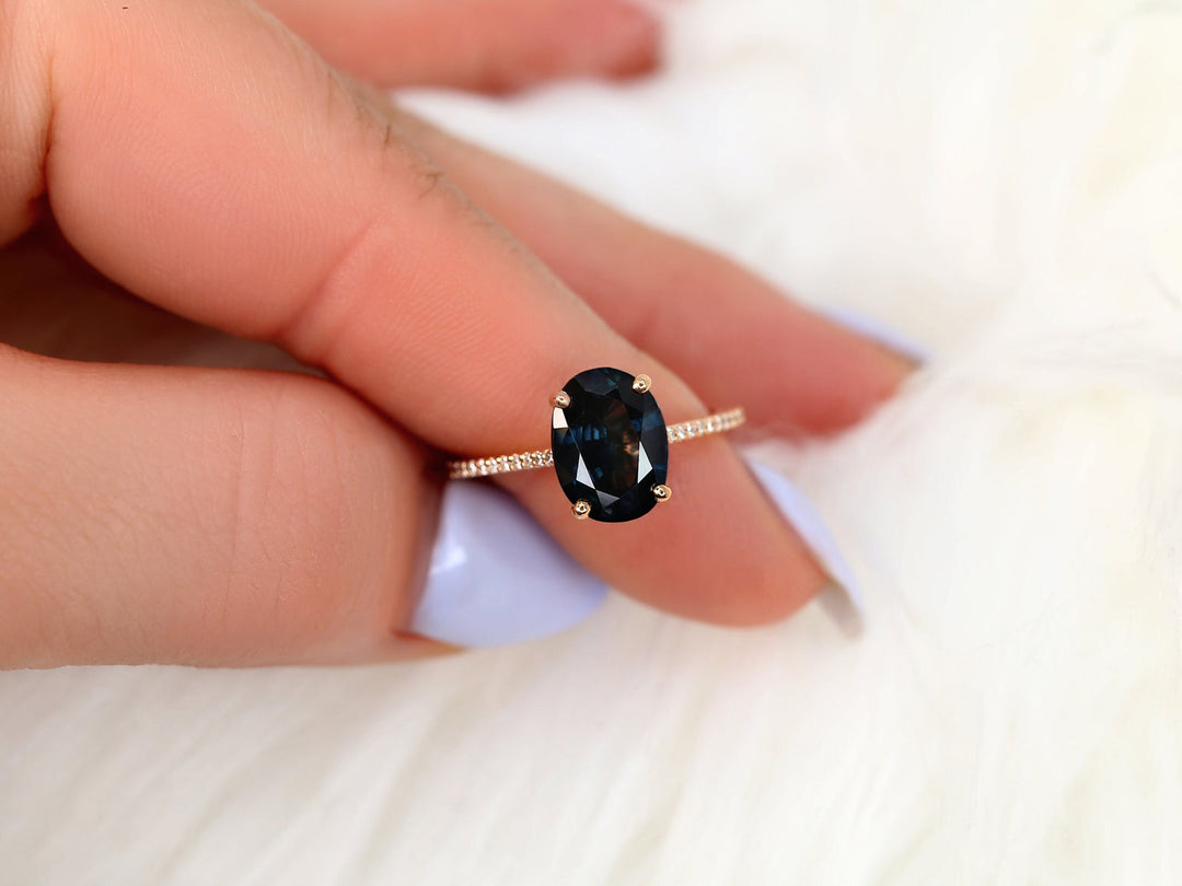 2.0CT Deep Teal Blue Sapphire Oval Cut Lab Grown Pave Diamond Engagement Ring