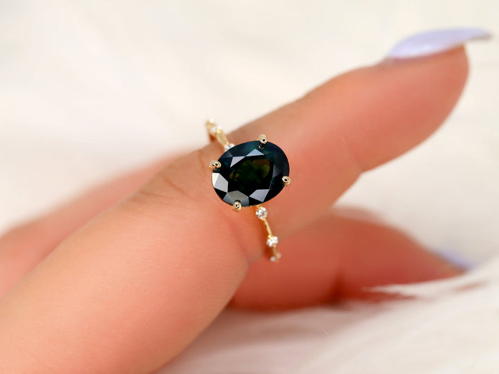 3.0CT Rich Teal Blue Sapphire Oval Cut Lab Grown Diamond Hidden Halo Engagement Ring