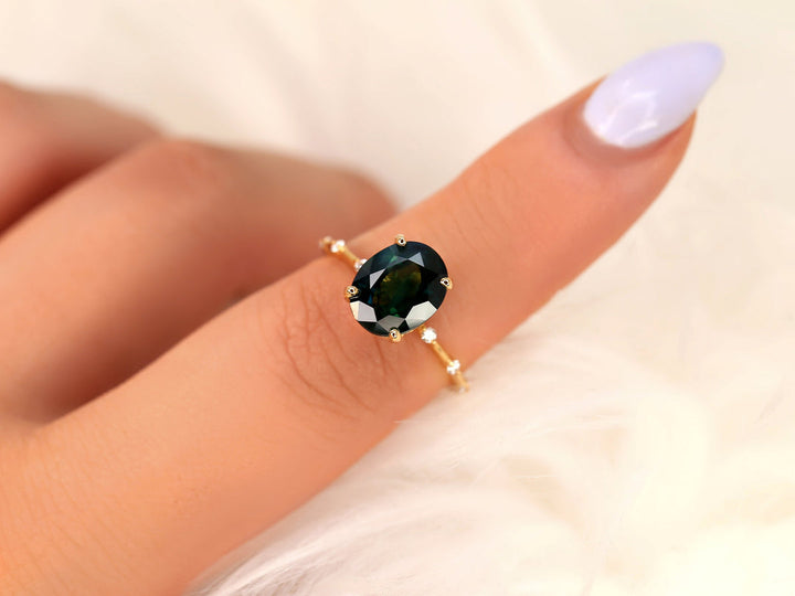 3.0CT Rich Teal Blue Sapphire Oval Cut Lab Grown Diamond Hidden Halo Engagement Ring