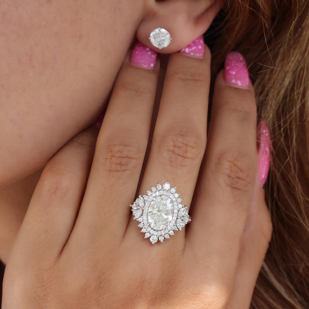 2.0CT Oval Lab Grown Cluster Diamond Halo Engagement Ring