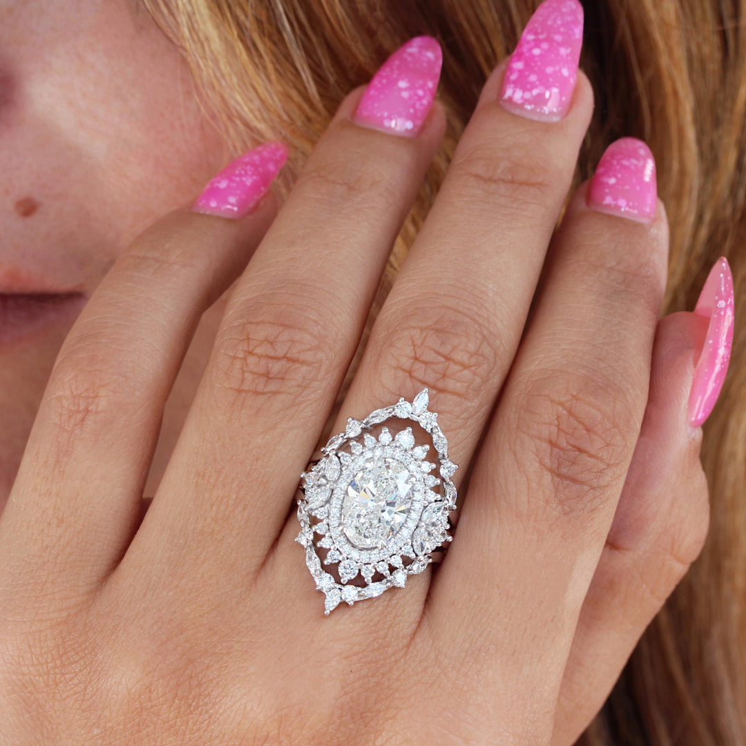 2.0CT Oval Lab Grown Cluster Diamond Halo Engagement Ring