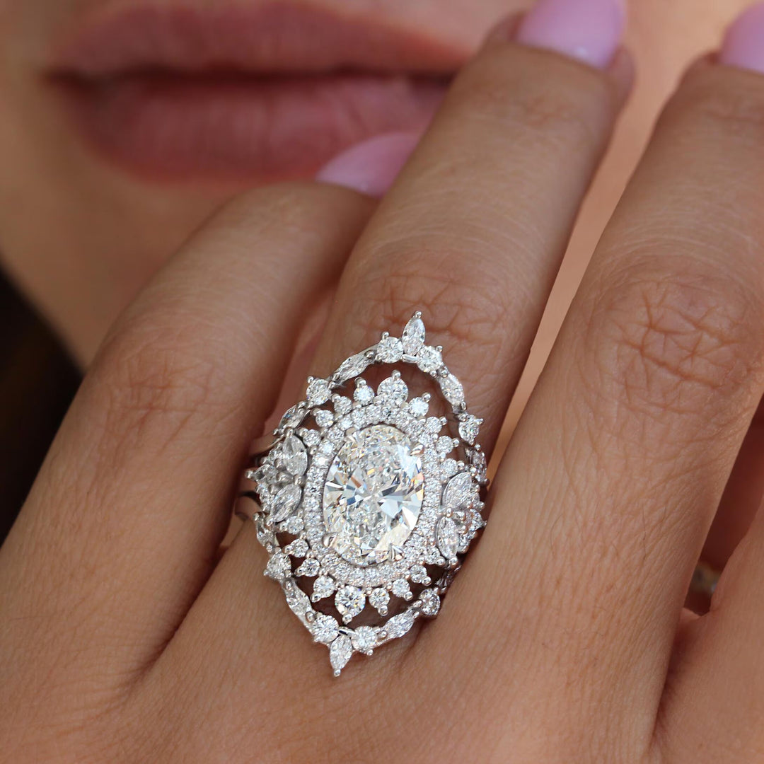 2.0CT Oval Lab Grown Cluster Diamond Halo Engagement Ring