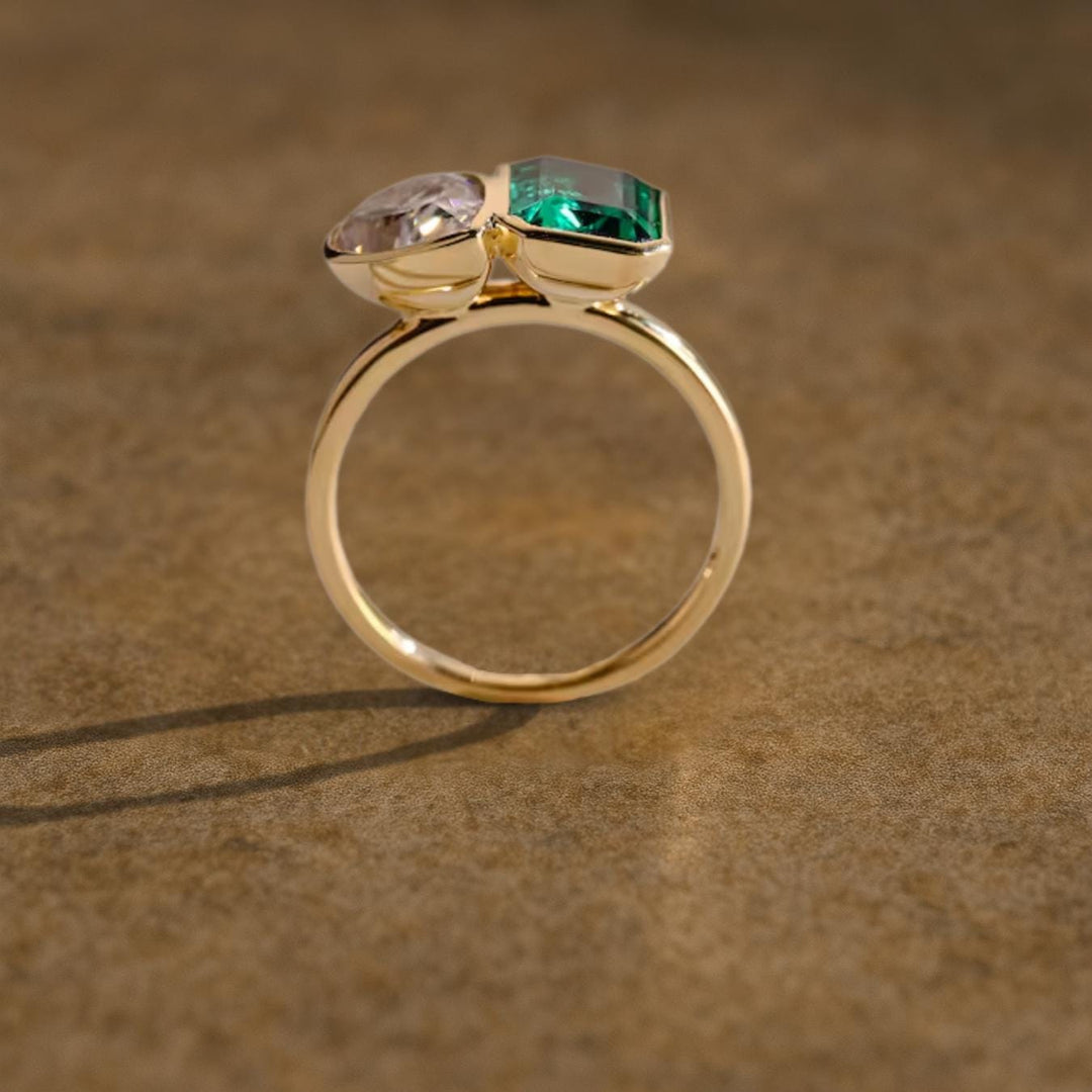 Bezel Set Lab Grown Pear & Emerald Engagement Ring, Birthday Gift for Her