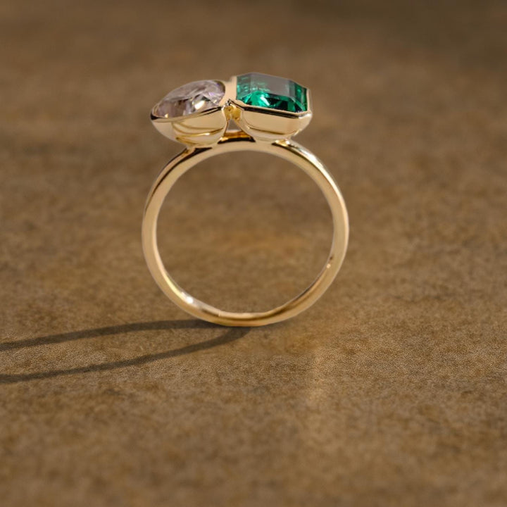 Bezel Set Lab Grown Pear & Emerald Engagement Ring, Birthday Gift for Her