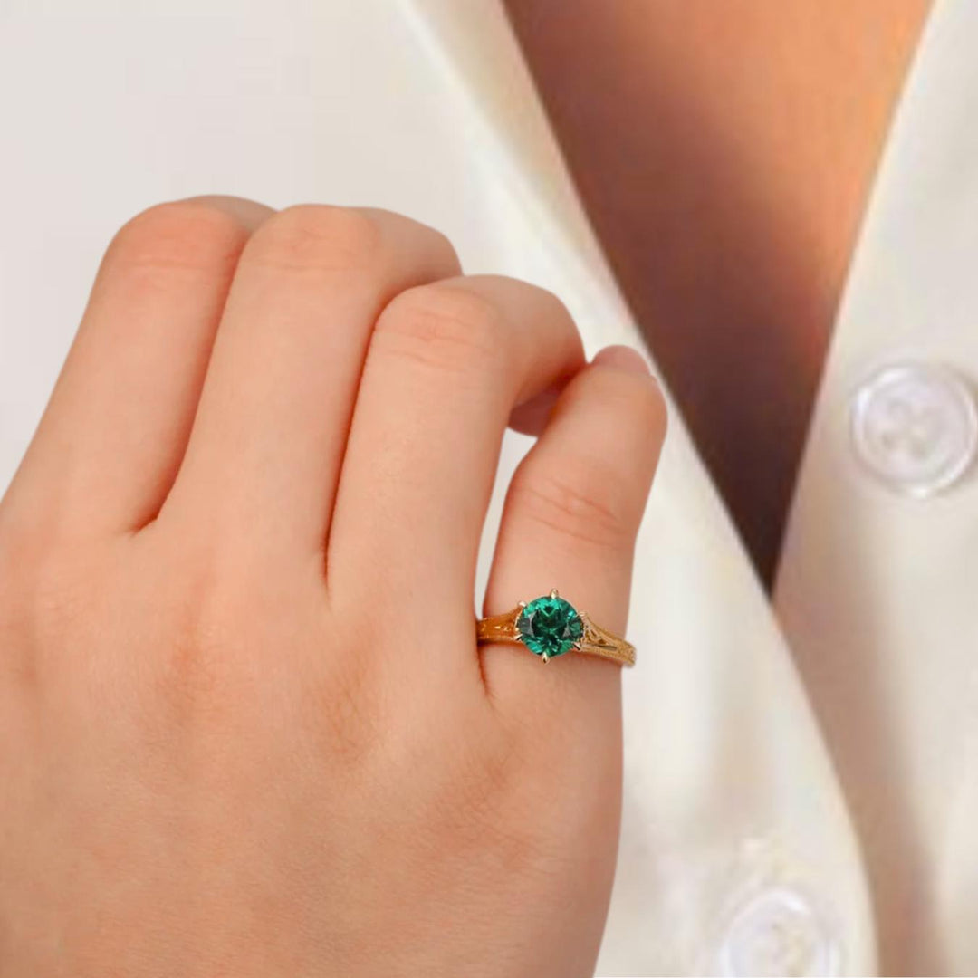 1.50CT Green Round Diamond Antique Filigree Emerald Ring