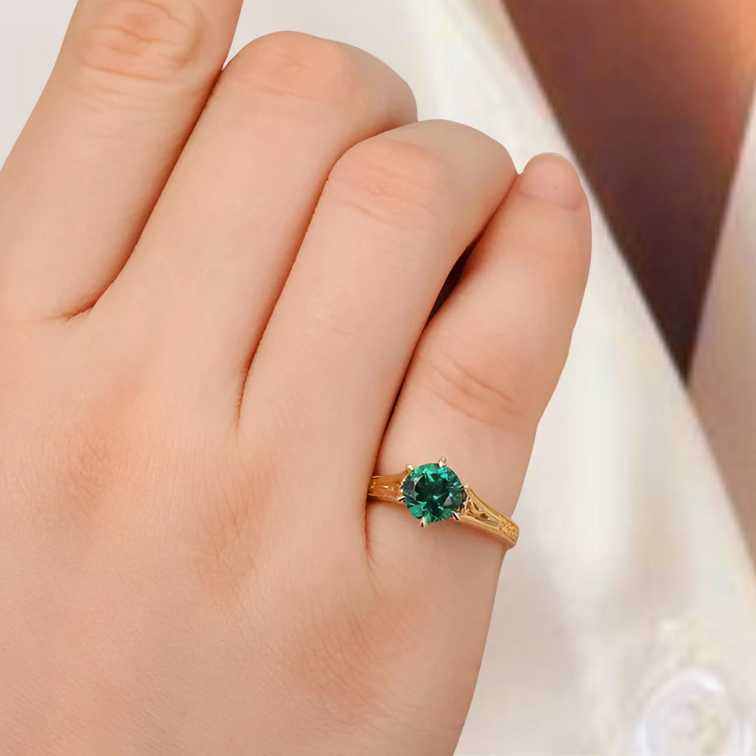 1.50CT Green Round Diamond Antique Filigree Emerald Ring