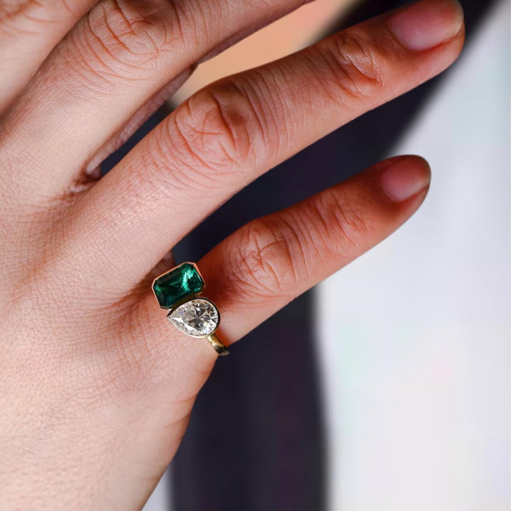Bezel Set Lab Grown Pear & Emerald Engagement Ring, Birthday Gift for Her