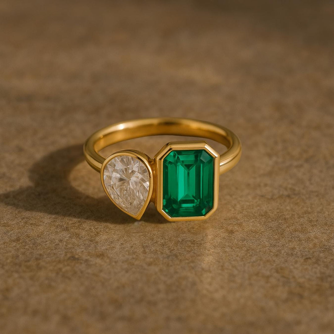 Bezel Set Lab Grown Pear & Emerald Engagement Ring, Birthday Gift for Her