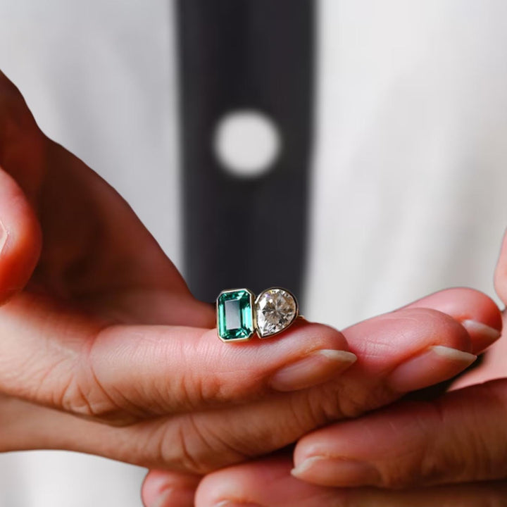 Bezel Set Lab Grown Pear & Emerald Engagement Ring, Birthday Gift for Her