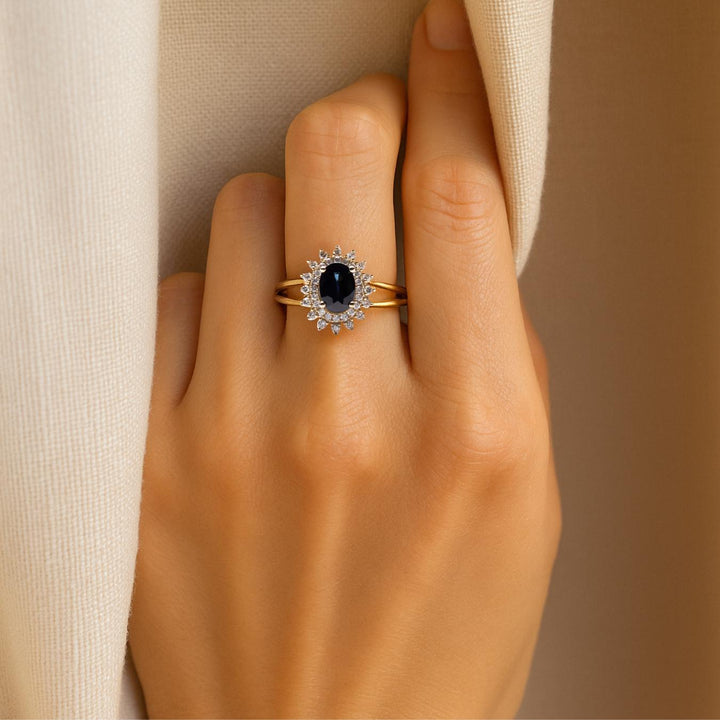2.0CT Blue Sapphire Oval Lab Grown Halo Cluster Diamond Engagement Ring
