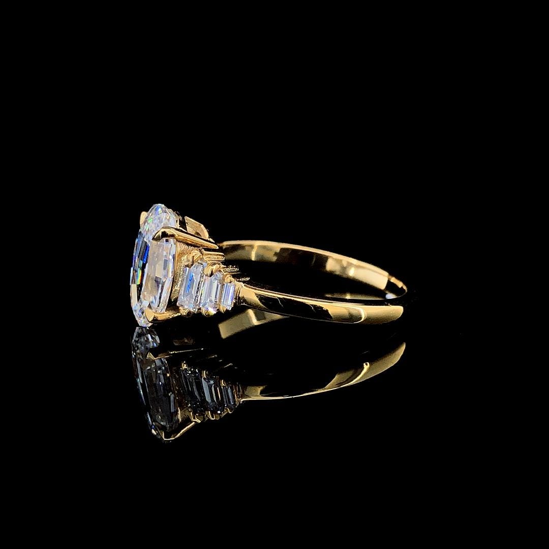 2.0CT Oval Step Cut Lab Made Diamond Engagement Ring - Graduated Baguette Setting