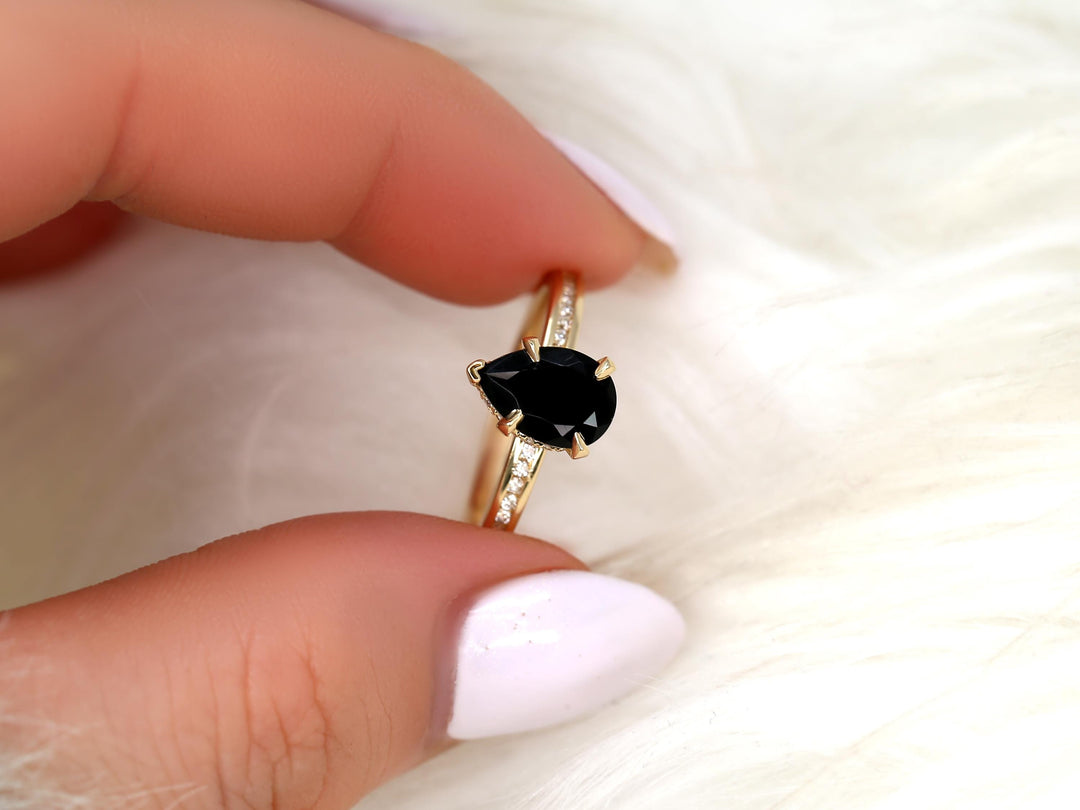 1.50CT Black Pear Cut Lab Grown Hidden Halo & Pave Engagement Ring