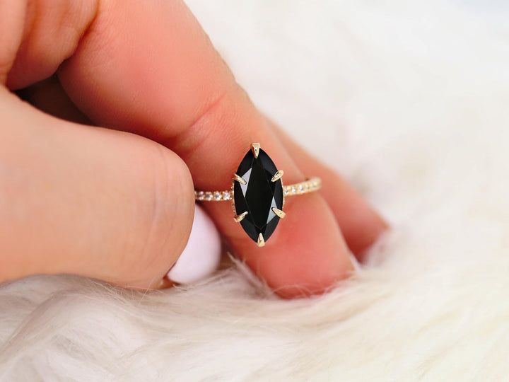 3.0CT Black Marquise Cut Lab Grown Hidden Halo Engagement Ring