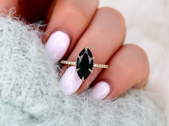 3.0CT Black Marquise Cut Lab Grown Hidden Halo Engagement Ring