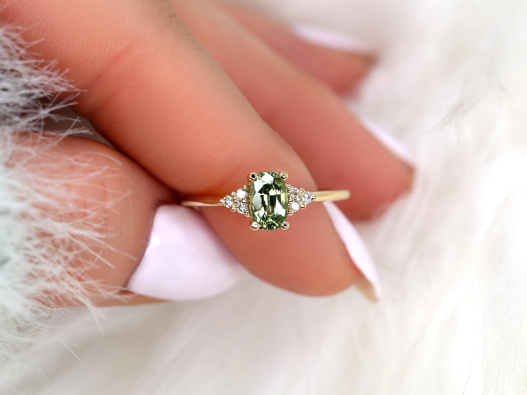 2.0CT Green Oval Cut Lab Grown Cluster Diamond Engagement Ring