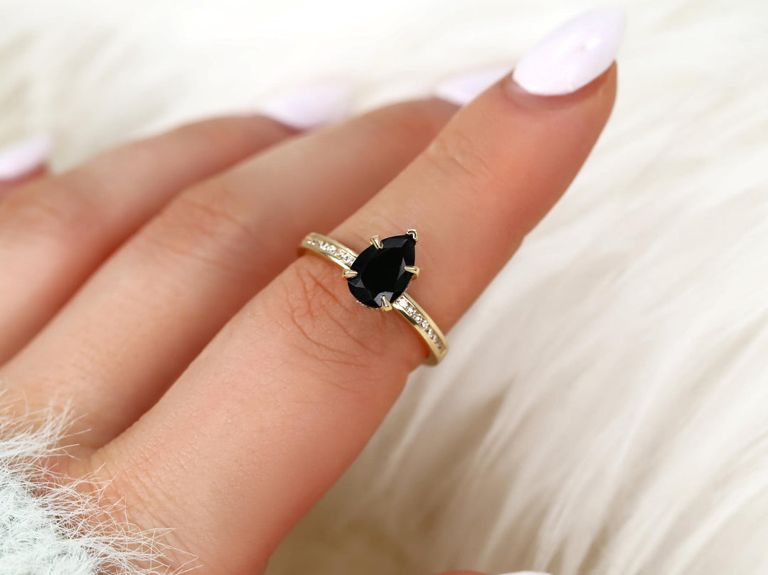 1.50CT Black Pear Cut Lab Grown Hidden Halo & Pave Engagement Ring