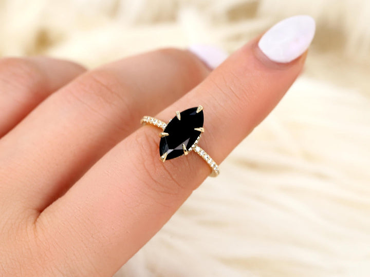 3.0CT Black Marquise Cut Lab Grown Hidden Halo Engagement Ring