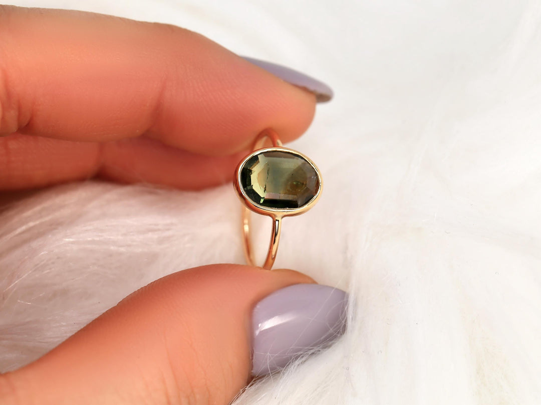 2.0CT Green Oval Cut Lab Grown Bezel Set Engagement Ring